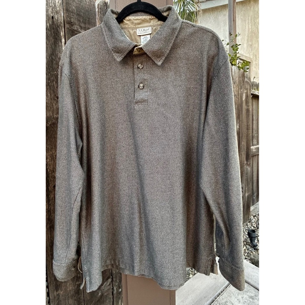 Vintage L.L.Bean Men's L Long Sleeve Polo Brown Herringbone 100% Cotton